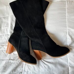 Boots Black Suede Mid-Calf Boots with Brown Stacked Heel